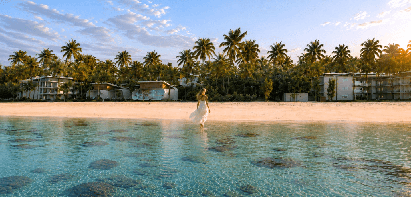 Aerial cinematic view of Las Terrenas coastline and luxury villas